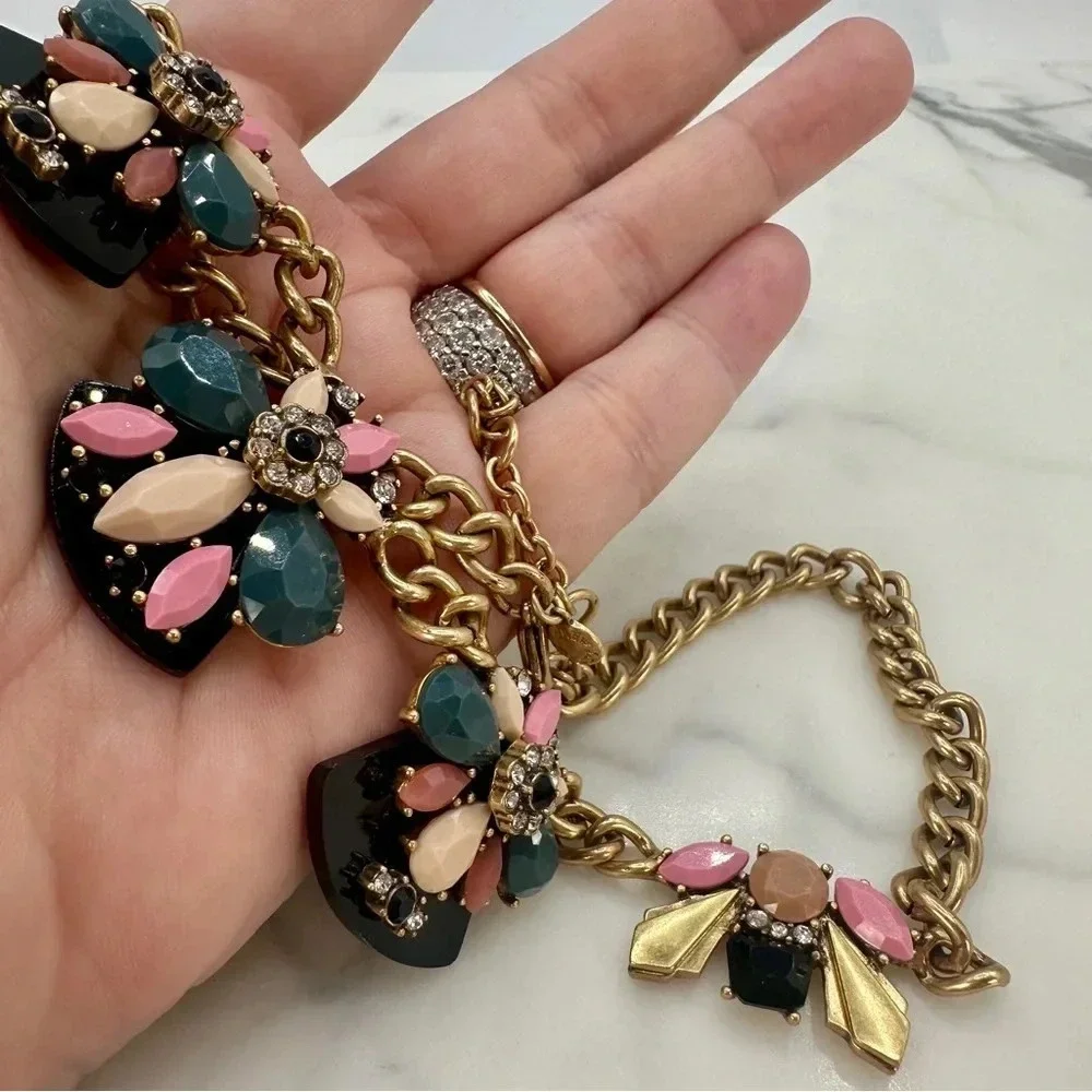 J. CREW Signed Necklace Pink, Deep Green Lucite Crystal Hopes & Dreams Statement
